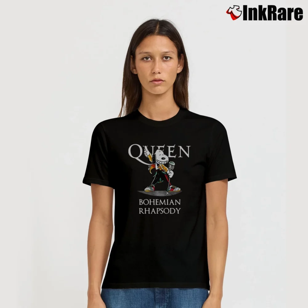 Women’s Snoopy Freddie Mercury Queen Bohemian Rhapsody T-Shirt in black | Soft, Flattering Fit