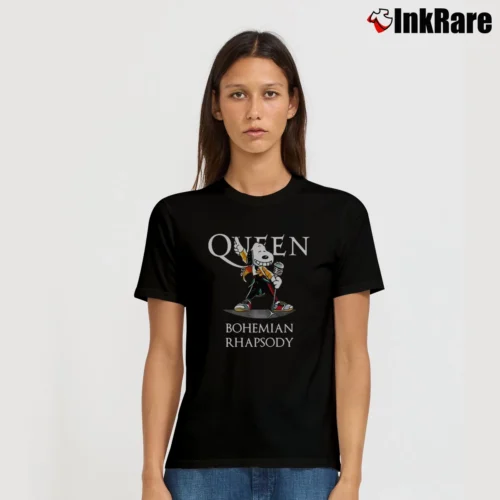 Snoopy Freddie Mercury Queen Bohemian Rhapsody Women’s Tee in black – Effortless Style Women’s Snoopy Freddie Mercury Queen Bohemian Rhapsody T-Shirt in black | Soft, Flattering Fit