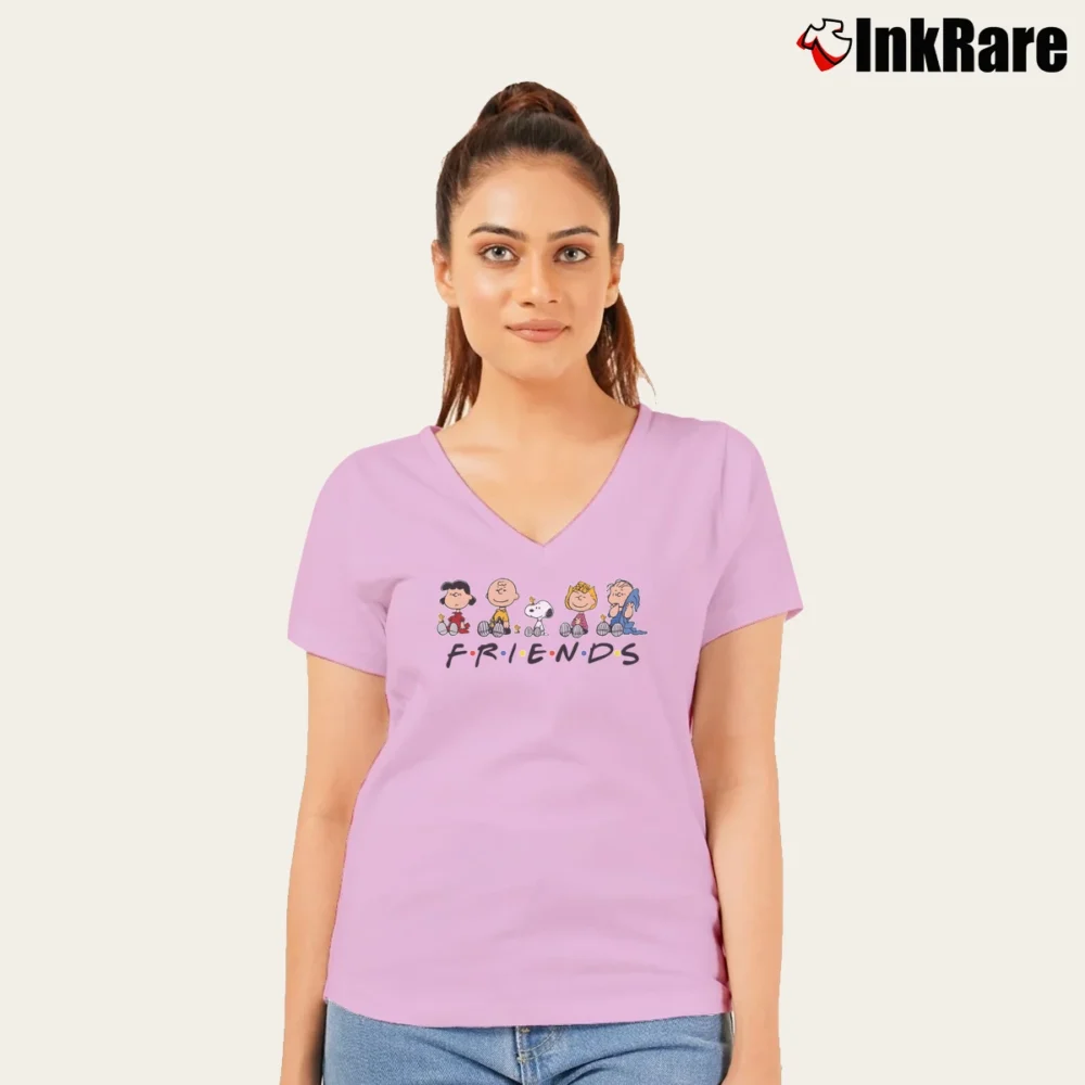 Women’s Snoopy Friends Thanksgiving Fall Graphic V-Neck Tee in light pink | Chic Neckline, Soft Texture
