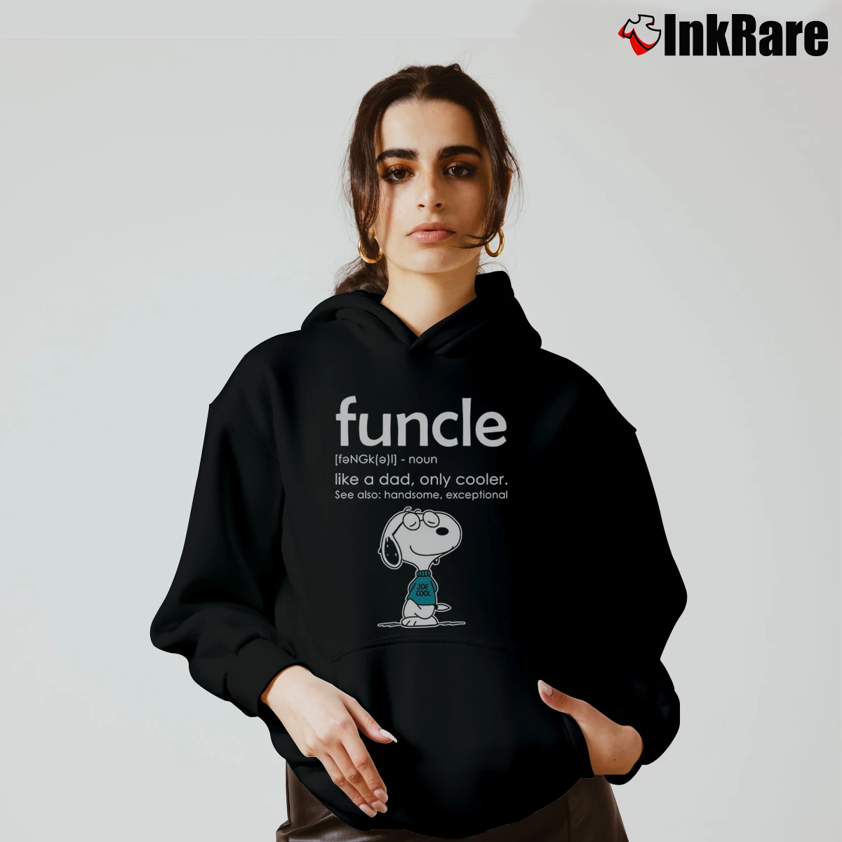 Women’s Snoopy Funcle Like A Dad Only Cooler Handsome Exceptional Cozy Hoodie in black | Warm, Structured, Stylish