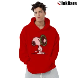 Men’s Snoopy Funny Christmas Holiday Wreath Pullover Hoodie in red | Cozy, Durable, Modern Fit
