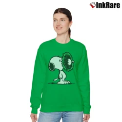 Women’s Snoopy Funny Christmas Holiday Wreath Relaxed Sweatshirt in irish green | Soft, Laid-Back Vibe