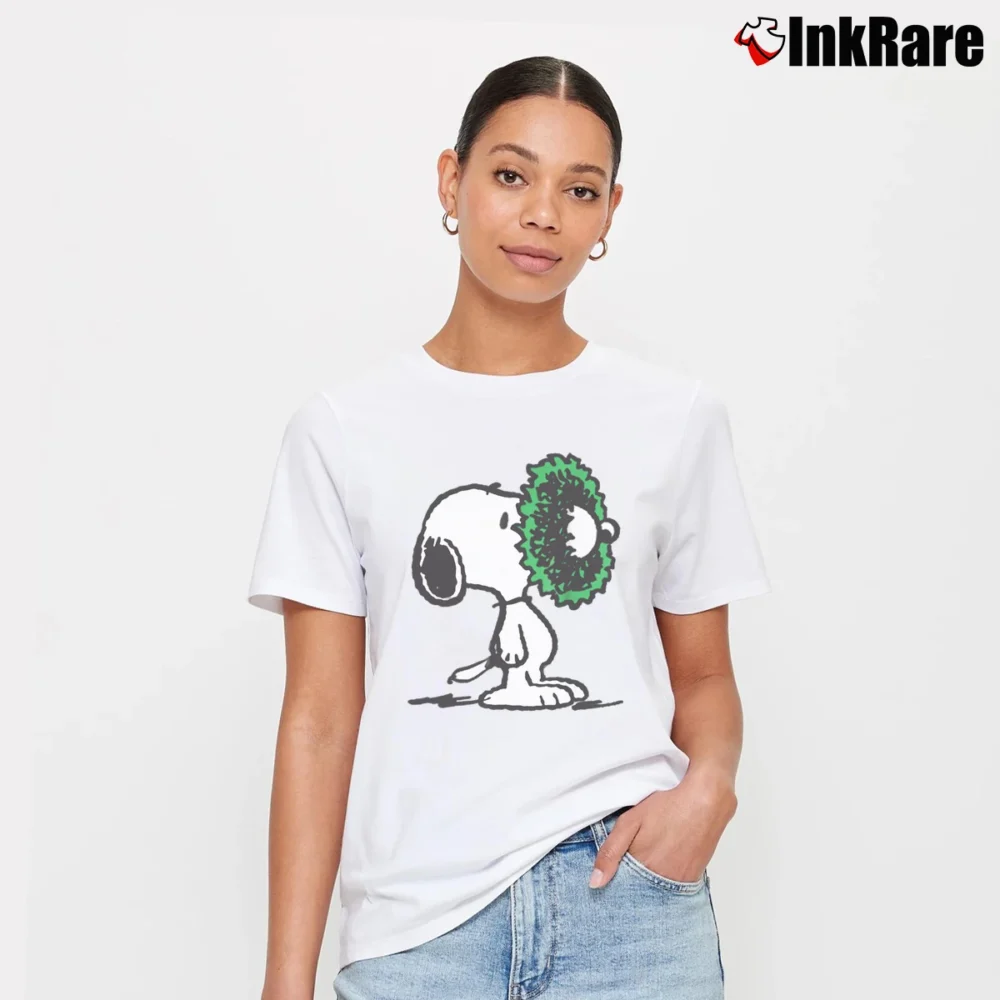 Women’s Snoopy Funny Christmas Holiday Wreath Signature T-Shirt in white | Soft, Flattering Fit