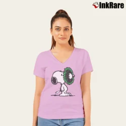 Women’s Snoopy Funny Christmas Holiday Wreath V-Neck Tee in light pink | Chic Neckline, Soft Texture