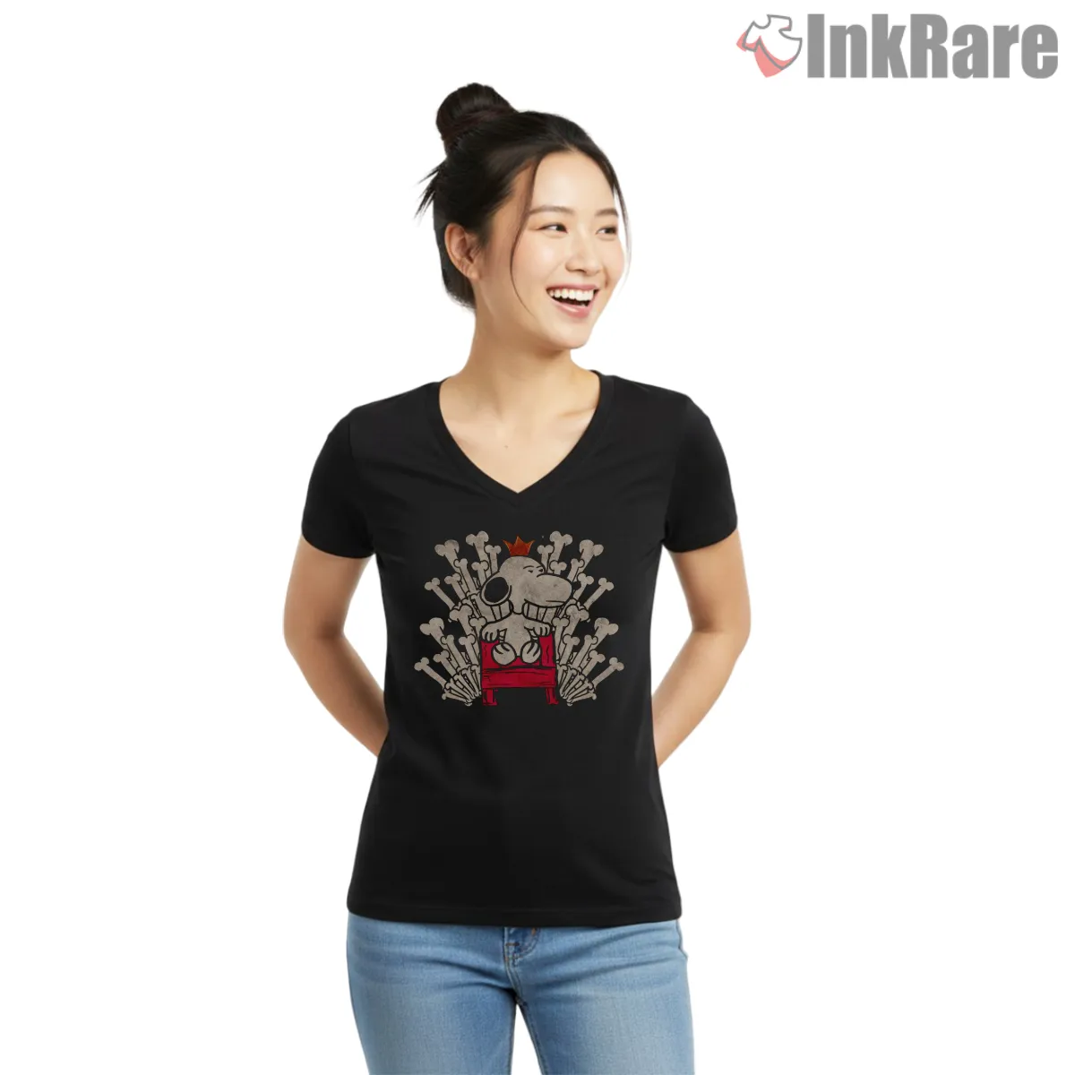 Snoopy Game Of Bones Throne Parody V Neck Black Snoopy Game Of Bones Throne Parody Shirt on black v-neck shirt for women graphic tee