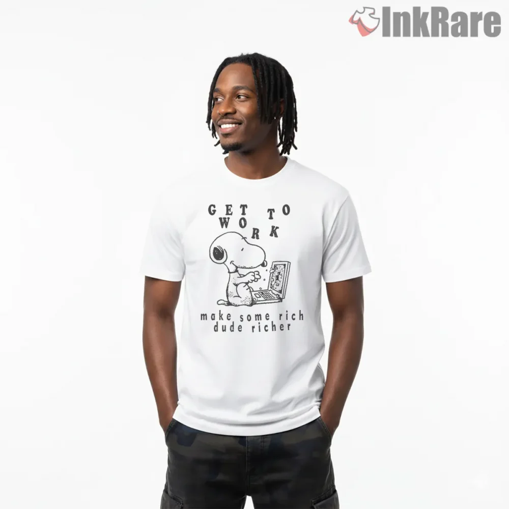 Snoopy Get To Work Motivational Shirt on white short sleeve shirt for men graphic tee
