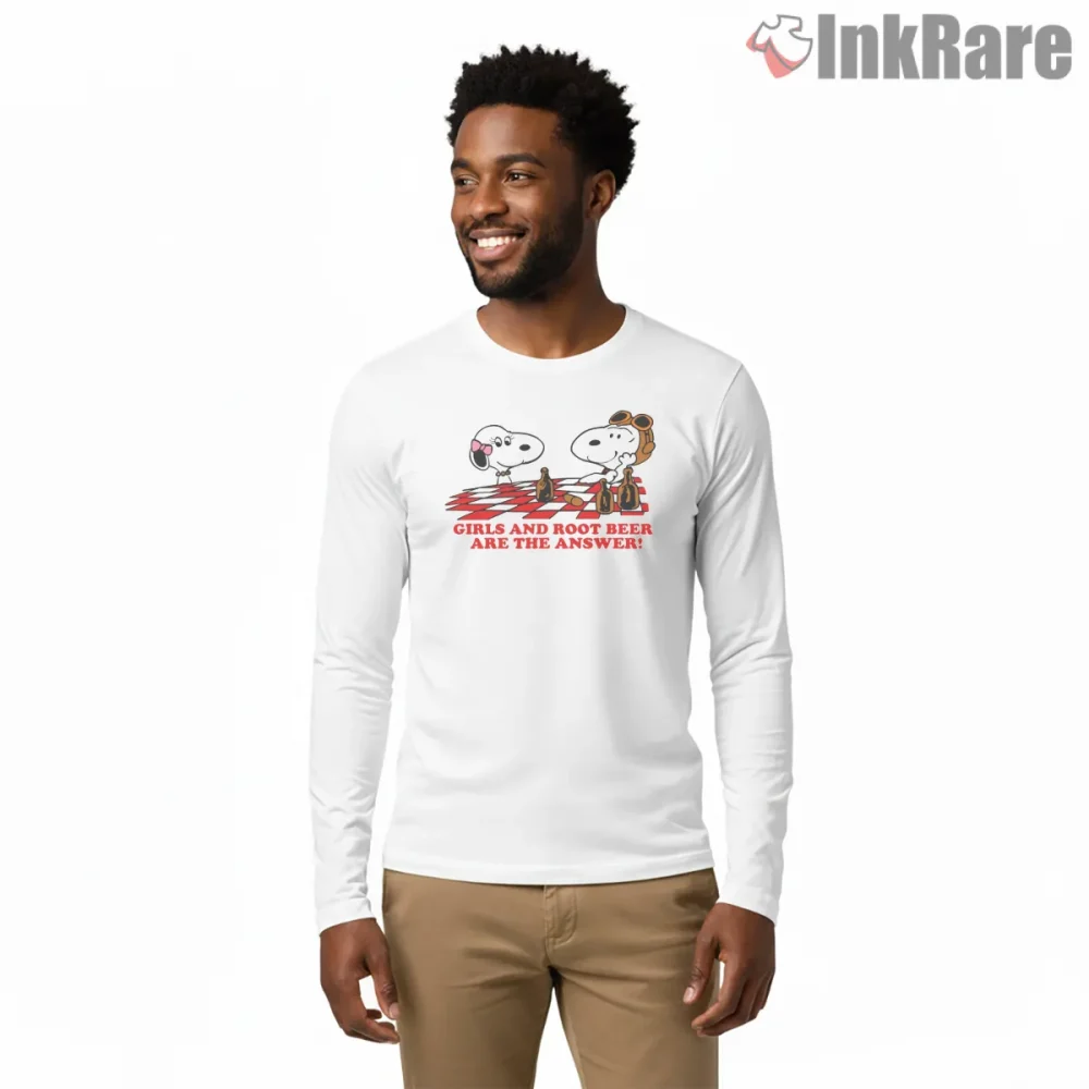Snoopy Girls And Root Beer Humor Shirt on white long sleeve shirt for men graphic tee