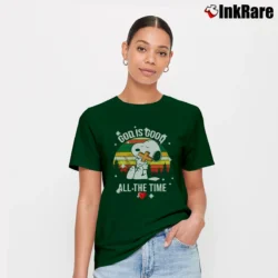 Women’s Snoopy God Is Good All The Time Religious Signature T-Shirt in forest green | Soft, Flattering Fit