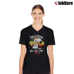 Women’s Snoopy God Is Good All The Time Religious V-Neck Tee in black | Chic Neckline, Soft Texture