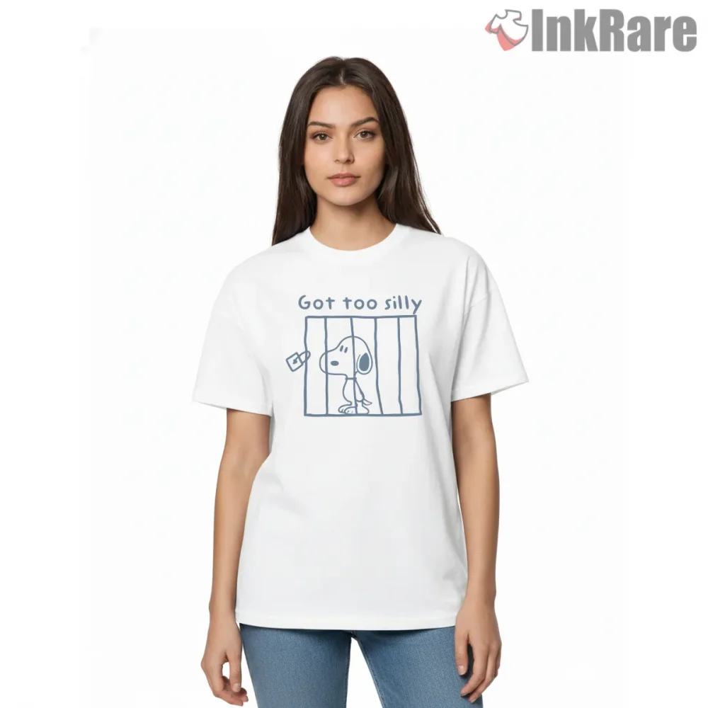 Snoopy Got Too Silly Quote Shirt on white short sleeve shirt for women graphic tee