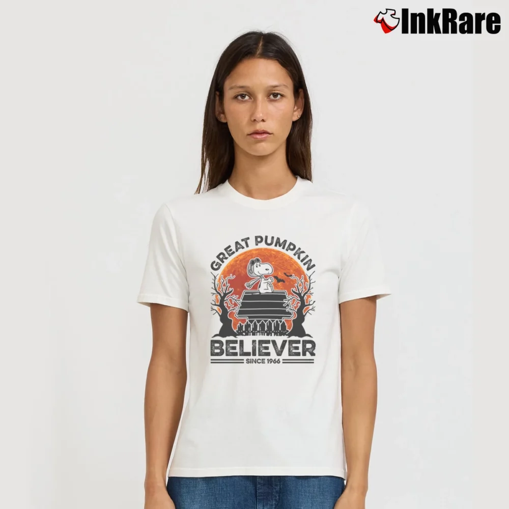 Women’s Snoopy Great Pumpkin Welcome Committee Believer Since 1966 T-Shirt in white | Soft, Flattering Fit