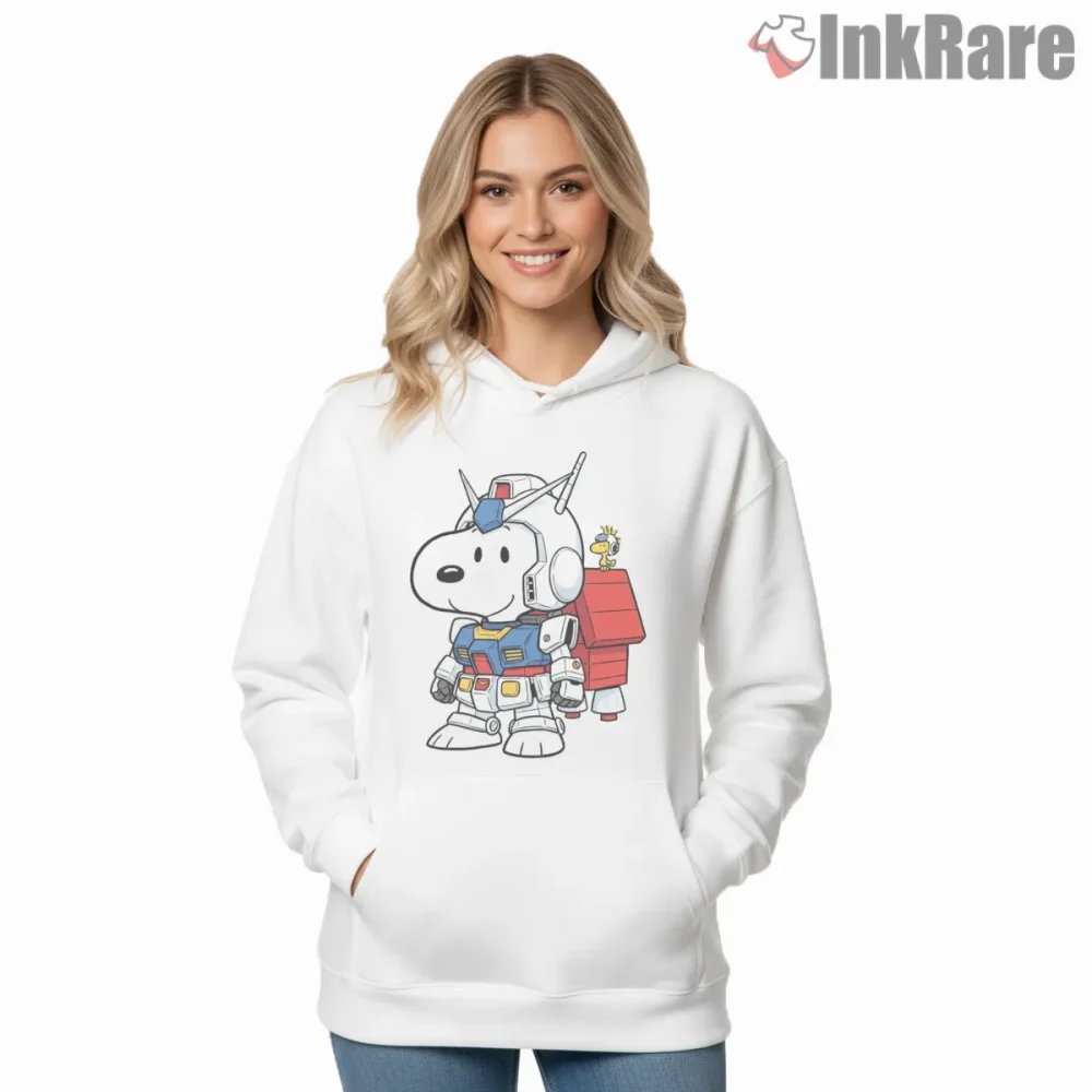 Snoopy Gundam Chibi Robot Armor Shirt on white hoodie for women graphic tee