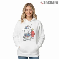 Snoopy Gundam Chibi Robot Armor Shirt on white hoodie for women graphic tee