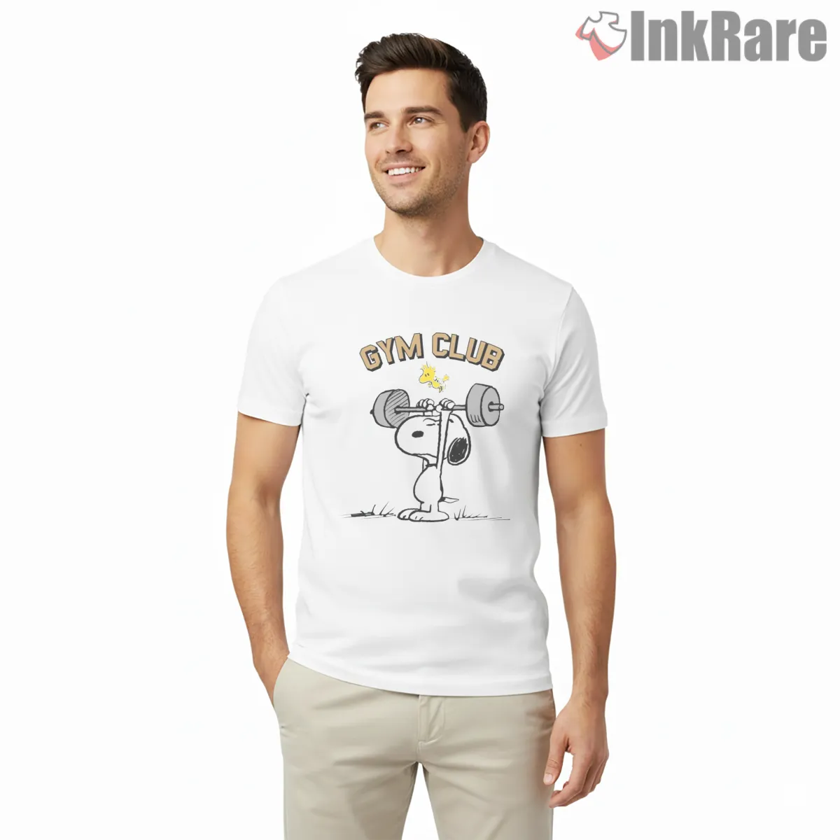 Snoopy Gym Club Weightlifting Cartoon Shirt on white short sleeve shirt for men graphic tee