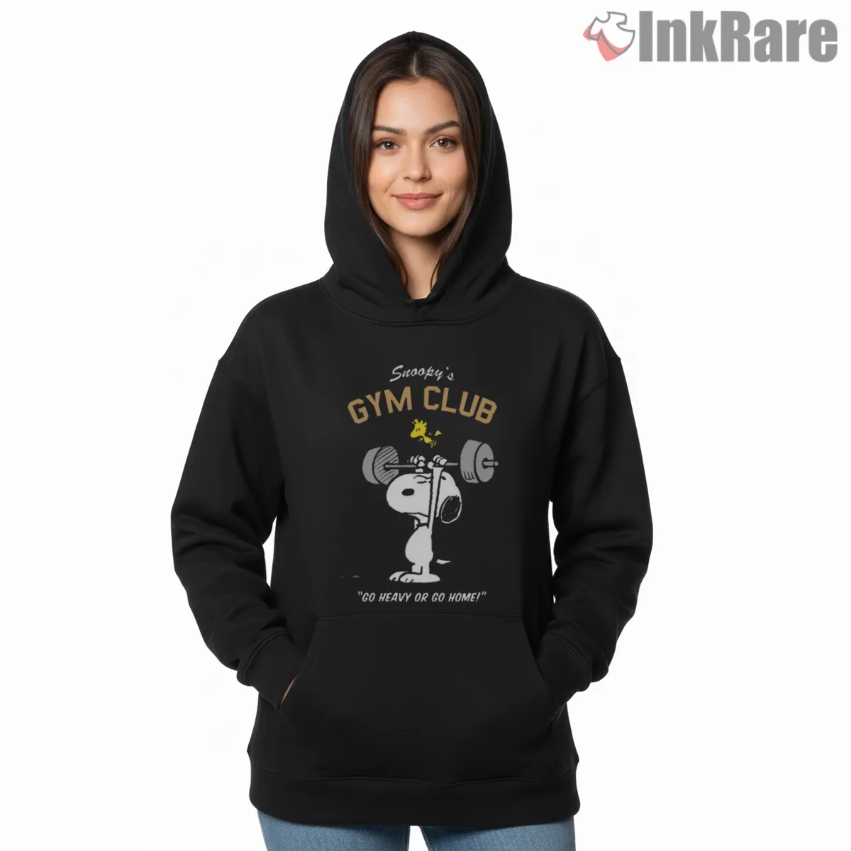 Snoopy Gym Club Workout Graphic Hoodie Black Snoopy Gym Club Workout Graphic Shirt on black hoodie for women graphic tee