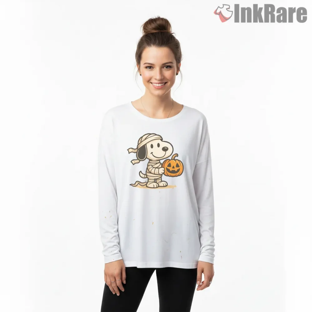 Snoopy Halloween Mummy Pumpkin Night Shirt on white long sleeve shirt for women graphic tee