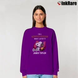Women’s Snoopy Happier Person When I Listen To James Taylor Relaxed Sweatshirt in purple | Soft, Laid-Back Vibe