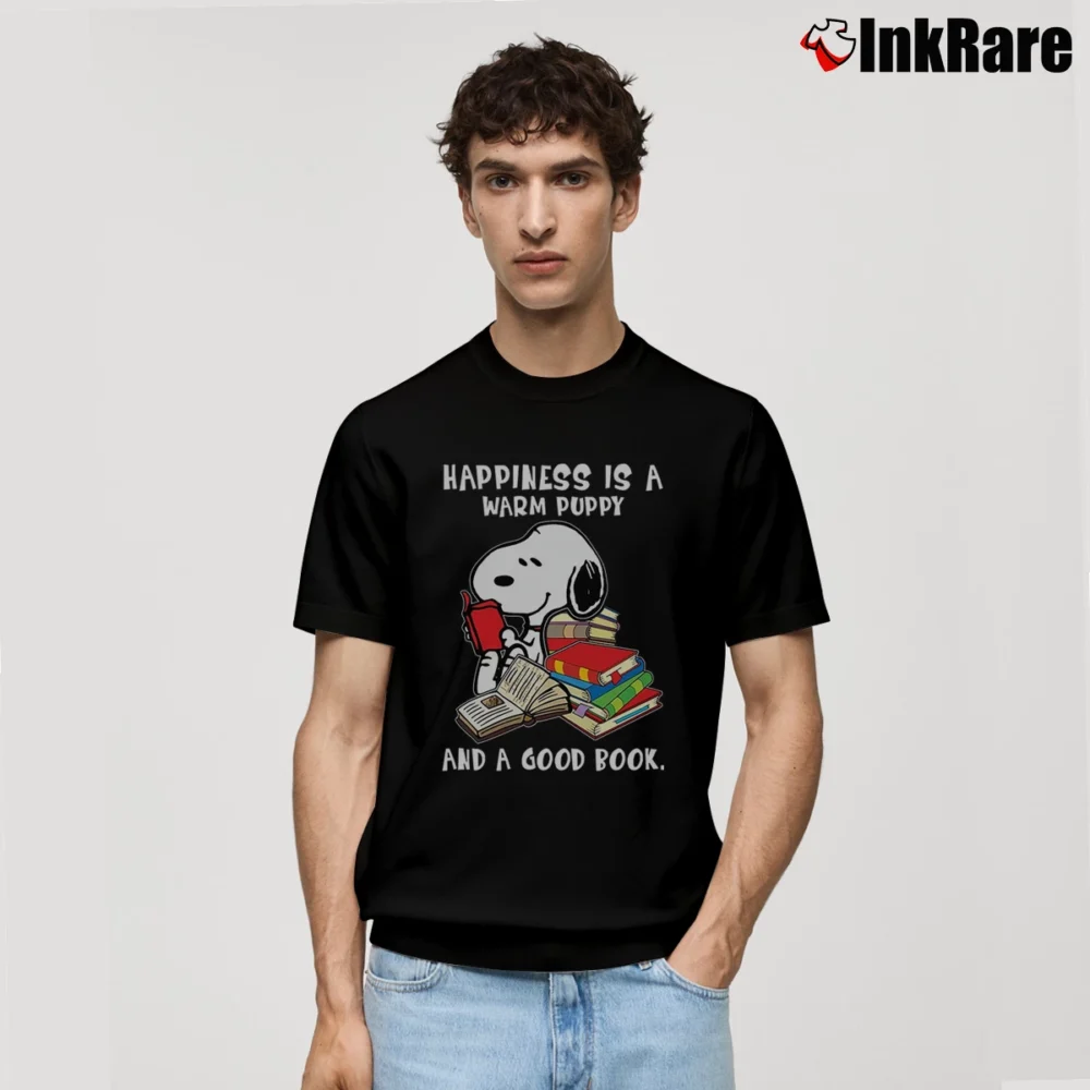 Men’s Snoopy Happiness Is A Warm Puppy And A Good Book Classic T-Shirt in black | Soft, Breathable Everyday Wear