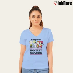 Women’s Snoopy Happiness Is Hockey Season Peanuts V-Neck Tee in light blue | Chic Neckline, Soft Texture