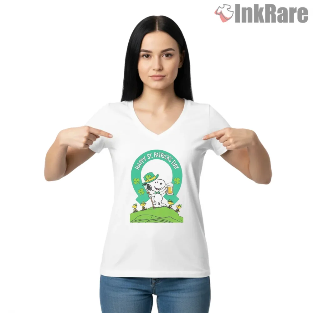 Snoopy Happy St Patricks Day Friends Shirt on white v-neck shirt for women graphic tee