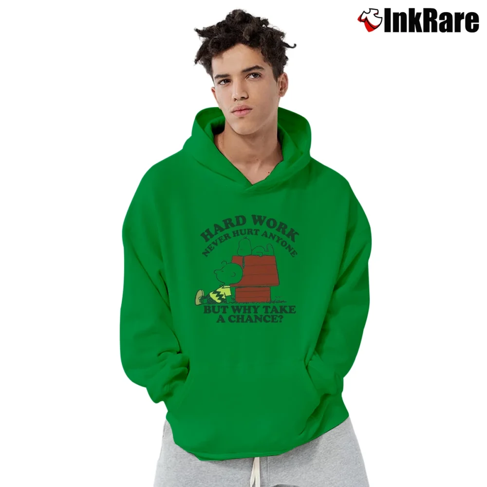 Men’s Snoopy Hard Work Never Hurt Anyone But Why Take A Chance Pullover Hoodie in irish green | Cozy, Durable, Modern Fit