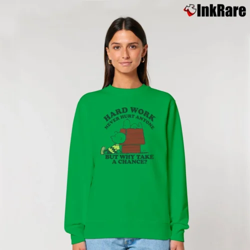 Women’s Snoopy Hard Work Never Hurt Anyone But Why Take A Chance Relaxed Sweatshirt in irish green | Soft, Laid-Back Vibe
