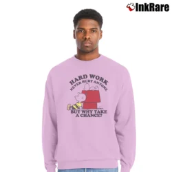 Men’s Snoopy Hard Work Never Hurt Anyone But Why Take A Chance Crewneck Sweatshirt in light pink | Cozy Fabric, Clean Style