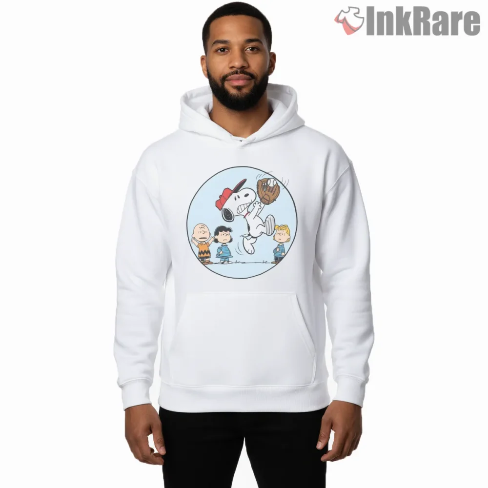 Snoopy High Jump Baseball Catch Shirt on white hoodie for men graphic tee