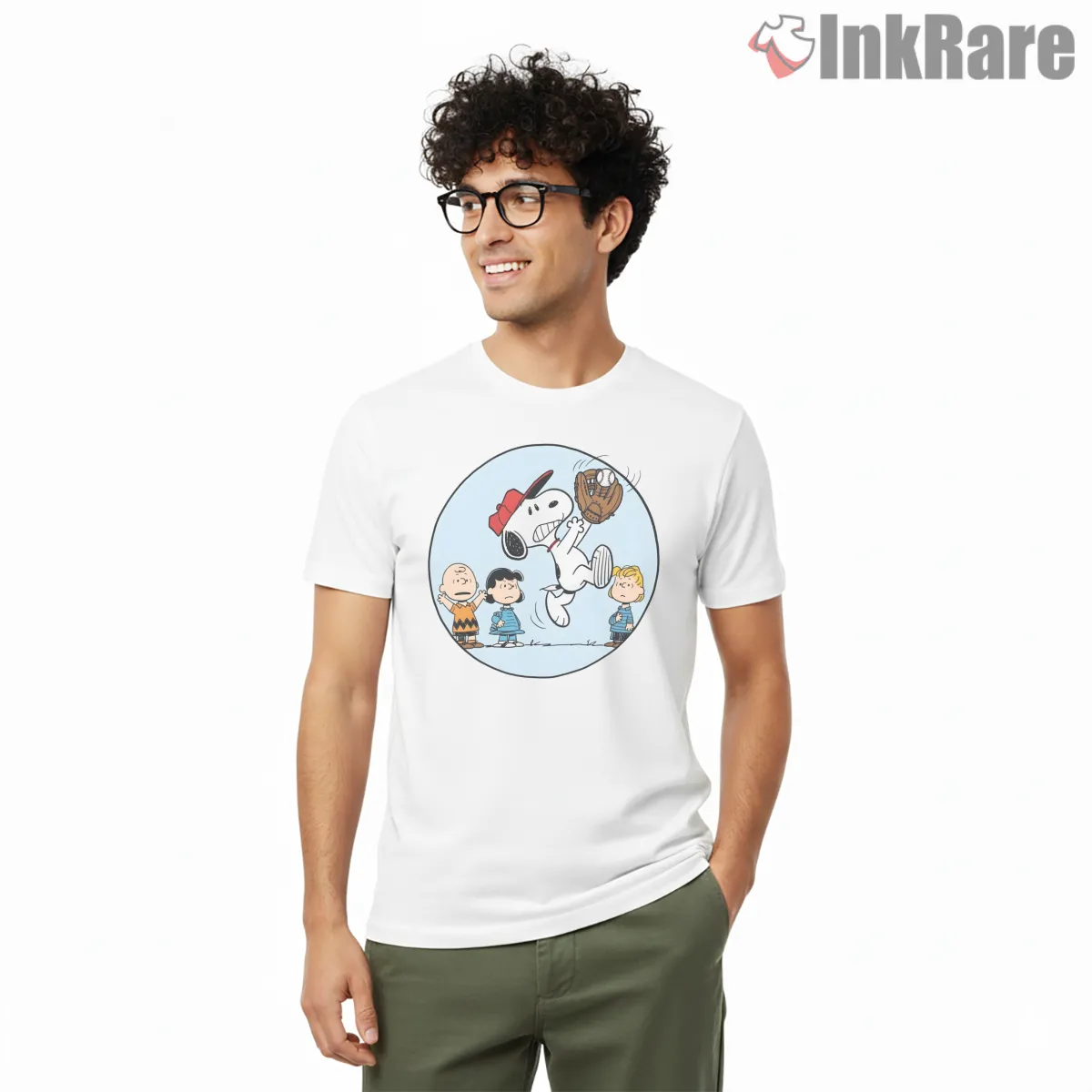 Snoopy High Jump Baseball Catch Shirt on white short sleeve shirt for men graphic tee