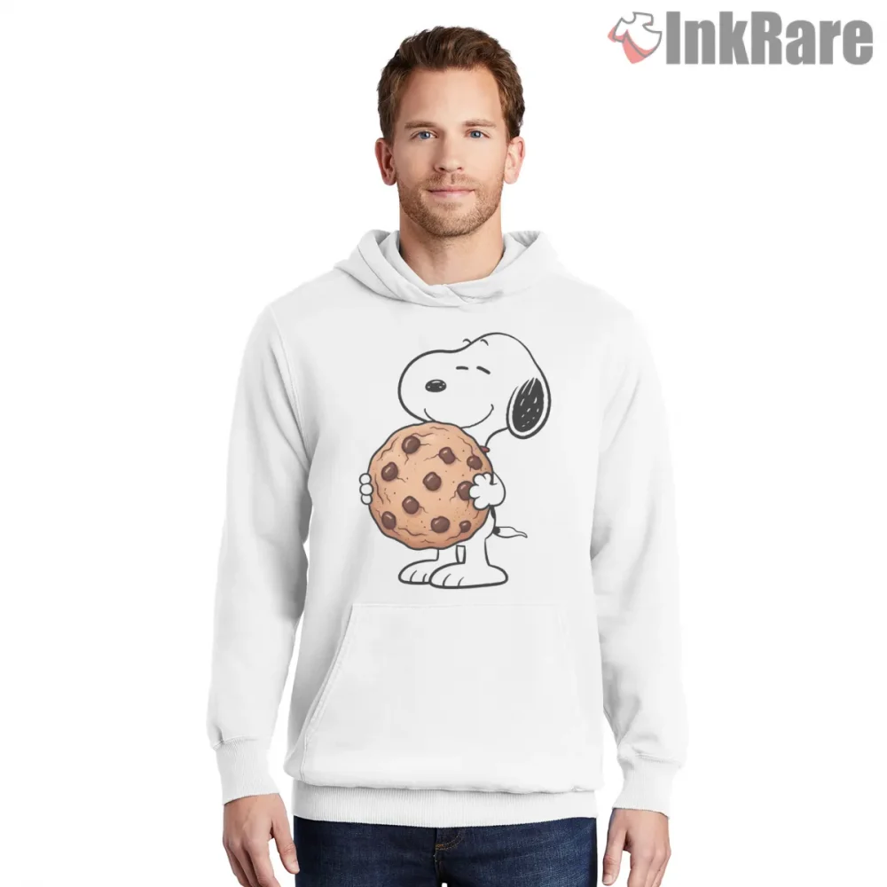 Snoopy Holding Giant Cookie Shirt on white hoodie for men graphic tee