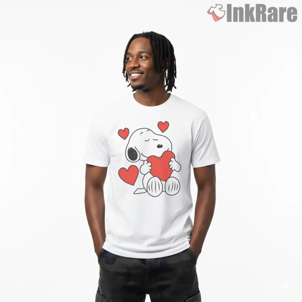 Snoopy Holding Heart Valentine Shirt on white short sleeve shirt for men graphic tee