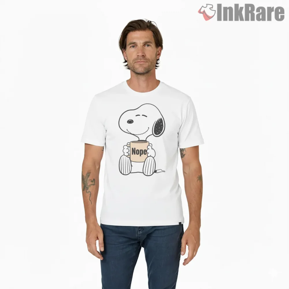 Snoopy Holding Nope Mug Minimal Shirt on white short sleeve shirt for men graphic tee
