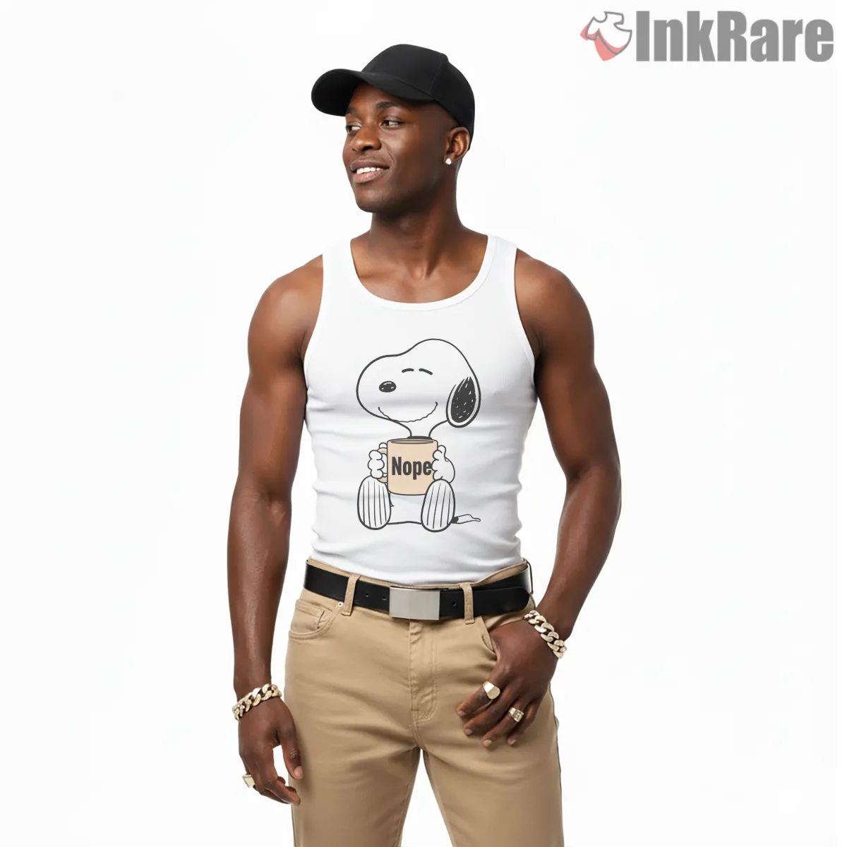 Snoopy Holding Nope Mug Minimal Tank Top White Snoopy Holding Nope Mug Minimal Shirt on white tank top for men graphic tee