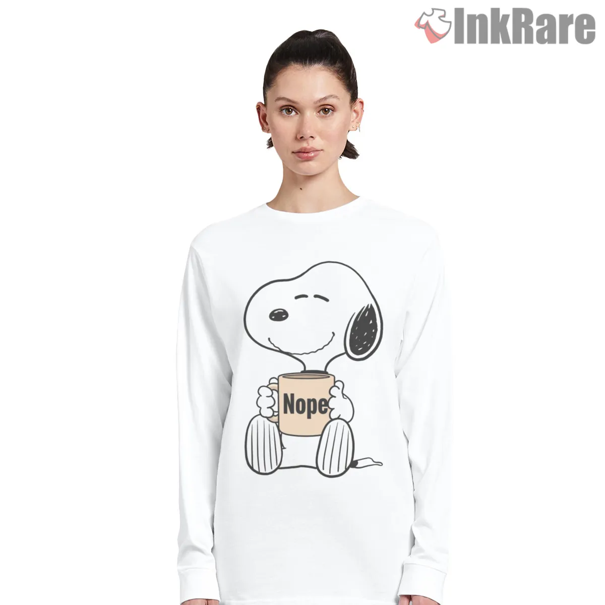 Snoopy Holding Nope Mug Minimal Long Sleeve White Snoopy Holding Nope Mug Minimal Shirt on white long sleeve shirt for women graphic tee