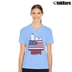 Women’s Snoopy House Americana 4th Of July Independence Day V-Neck Tee in light blue | Chic Neckline, Soft Texture