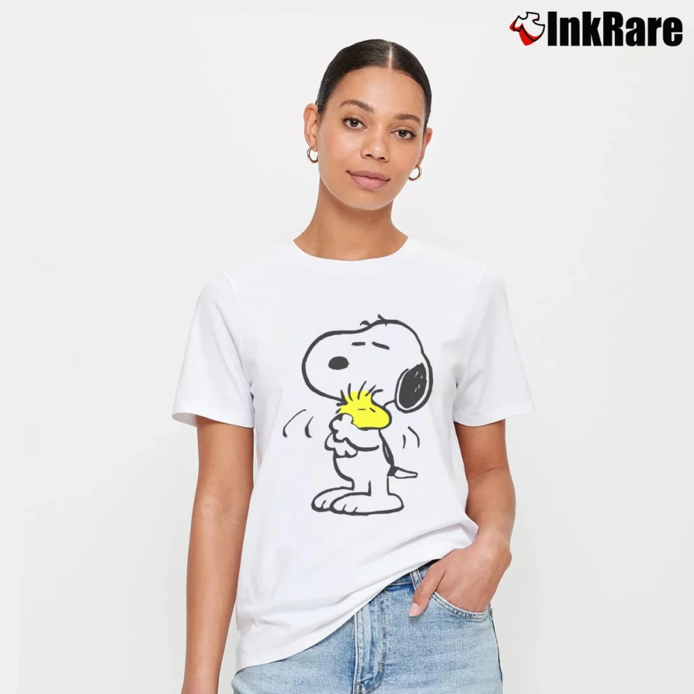 Women’s Snoopy Hug Woodstock Peanuts Love Signature T-Shirt in white | Soft, Flattering Fit