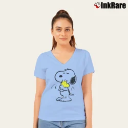 Women’s Snoopy Hug Woodstock Peanuts Love V-Neck Tee in light blue | Chic Neckline, Soft Texture