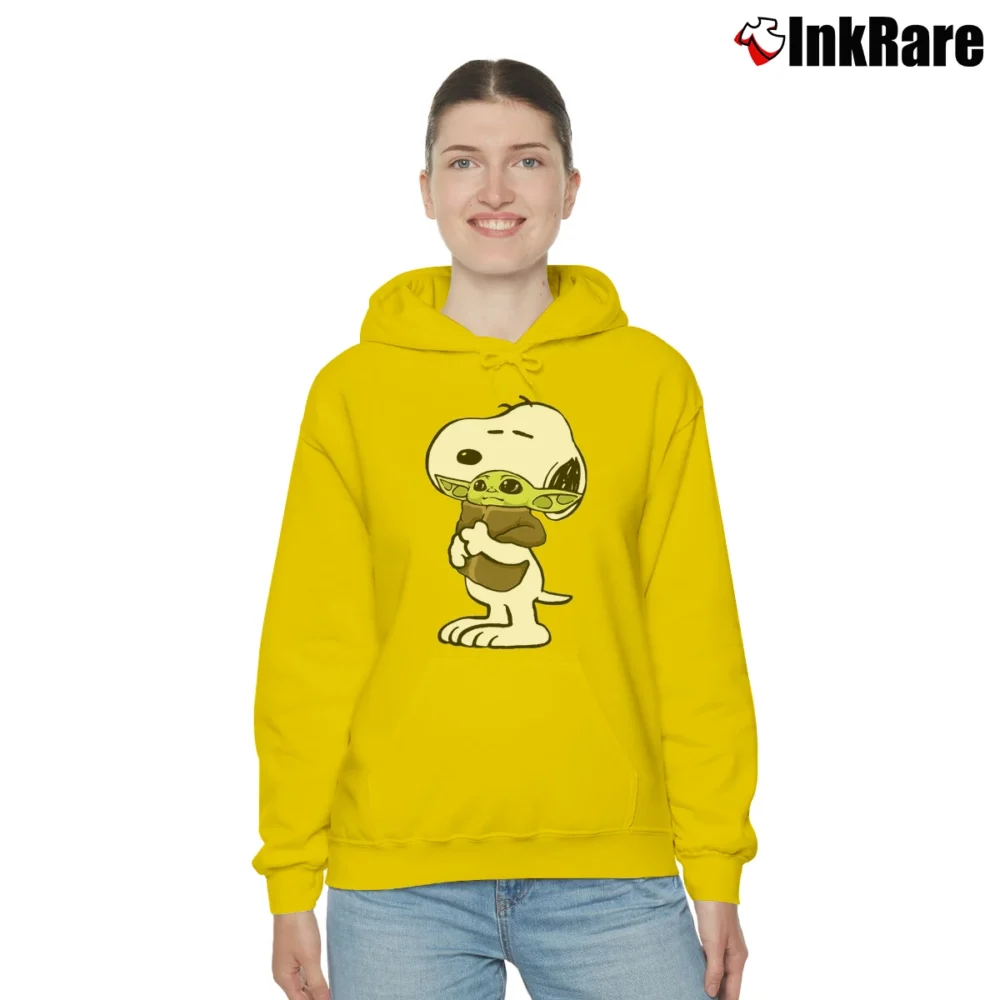 Women’s Snoopy Hugging Baby Yoda Star Wars Cozy Hoodie in yellow | Warm, Structured, Stylish