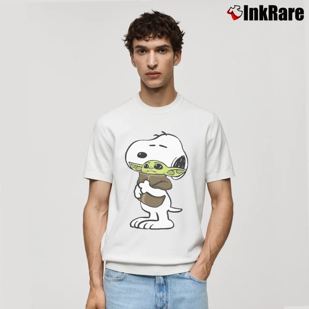 Men’s Snoopy Hugging Baby Yoda Star Wars Classic T-Shirt in white | Soft, Breathable Everyday Wear