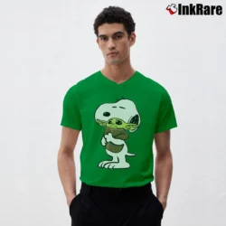 Men’s Snoopy Hugging Baby Yoda Star Wars V-Neck Tee in irish green | Sharp, Breathable, Everyday Staple