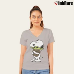 Women’s Snoopy Hugging Baby Yoda Star Wars V-Neck Tee in sport grey | Chic Neckline, Soft Texture
