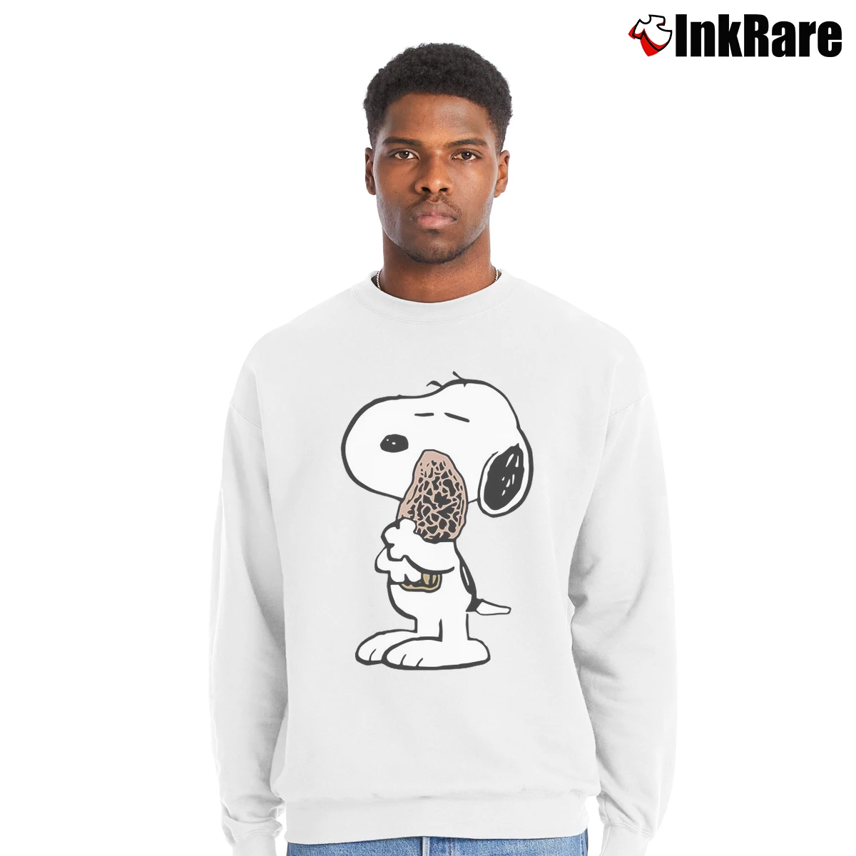 Snoopy Hugging Mushroom Men’s Crewneck Sweatshirt in white – Soft & Durable Men’s Snoopy Hugging Mushroom Crewneck Sweatshirt in white | Cozy Fabric, Clean Style