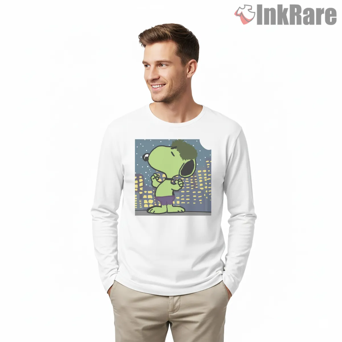 Snoopy Hulk Marvel Superhero Crossover Long Sleeve White Snoopy Hulk Marvel Superhero Crossover Shirt on white long sleeve shirt for men graphic tee