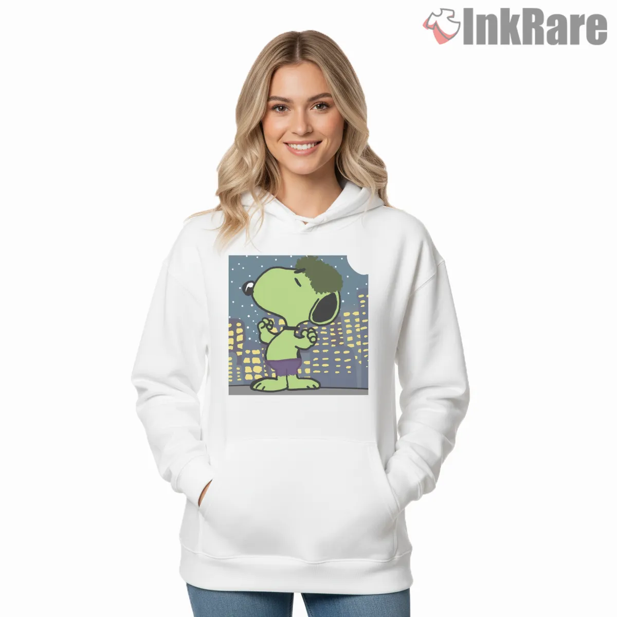 Snoopy Hulk Marvel Superhero Crossover Hoodie White Snoopy Hulk Marvel Superhero Crossover Shirt on white hoodie for women graphic tee