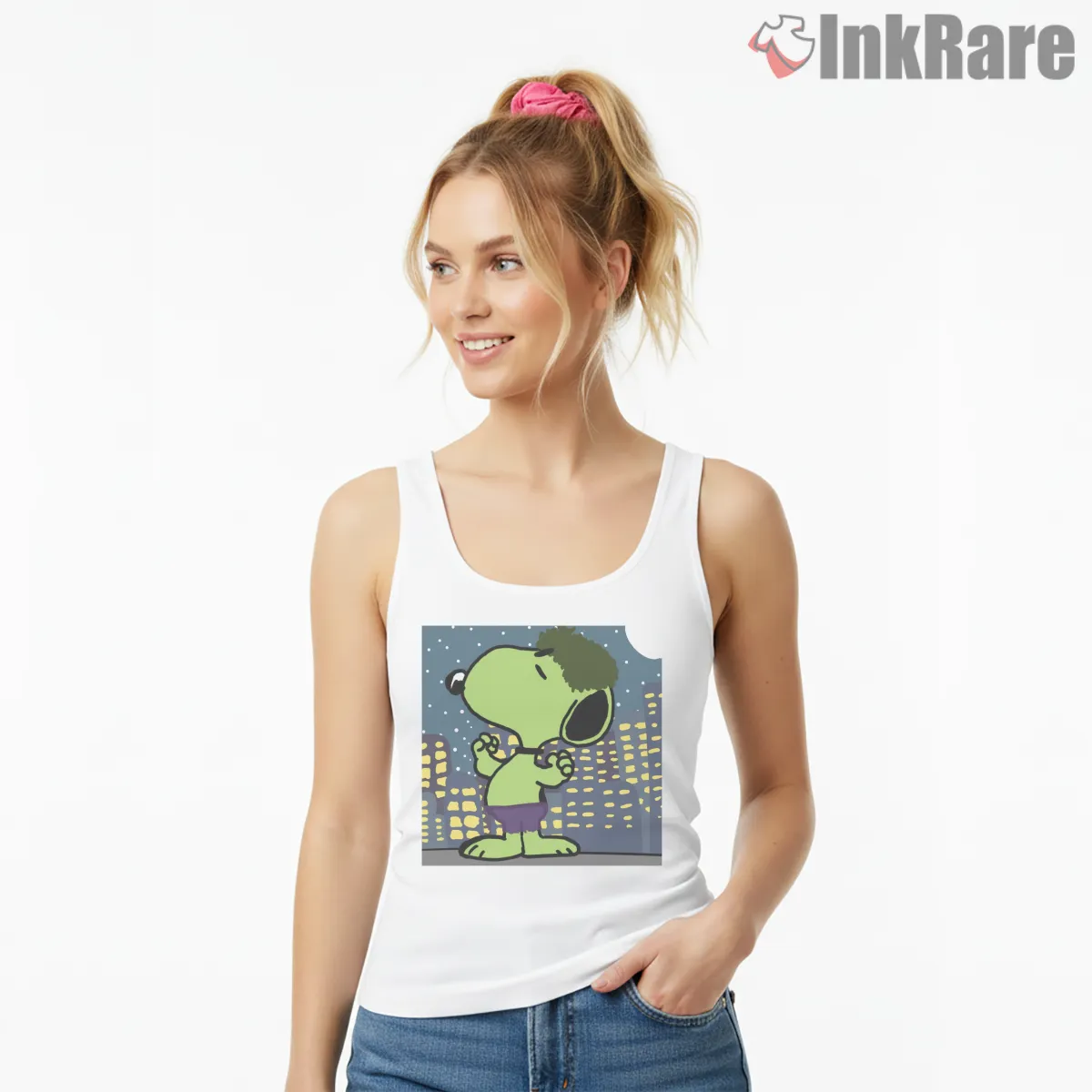 Snoopy Hulk Marvel Superhero Crossover Shirt on white tank top for women graphic tee
