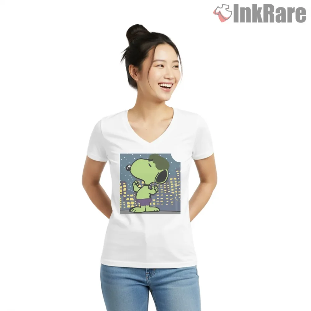 Snoopy Hulk Marvel Superhero Crossover Shirt on white v-neck shirt for women graphic tee