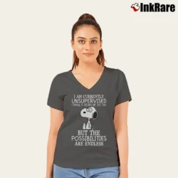 Women’s Snoopy I Am Currently Unsupervised V-Neck Tee in charcoal | Chic Neckline, Soft Texture