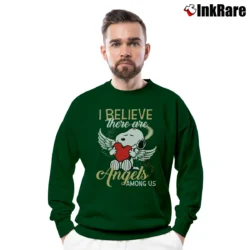 Men’s Snoopy I Believe There Are Angels Among Us Crewneck Sweatshirt in forest green | Cozy Fabric, Clean Style