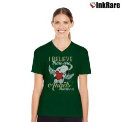 Women’s Snoopy I Believe There Are Angels Among Us V-Neck Tee in forest green | Chic Neckline, Soft Texture