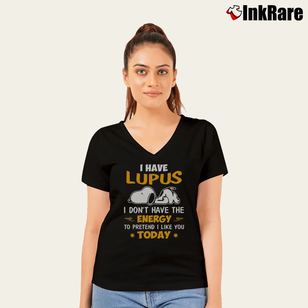 Women’s Snoopy I Have Lupus I Don't Have The Energy V-Neck Tee in black | Chic Neckline, Soft Texture